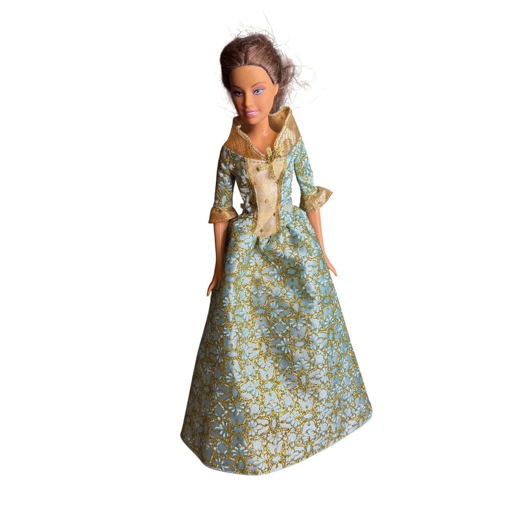 Mattel Barbie Princess Doll Blue Gold Floral Brocade Gown Brown Hair with Stand